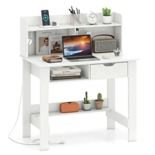 Computer Desk with Power Outlets and USB Ports & Type-C Hutch Open Shelf Drawer