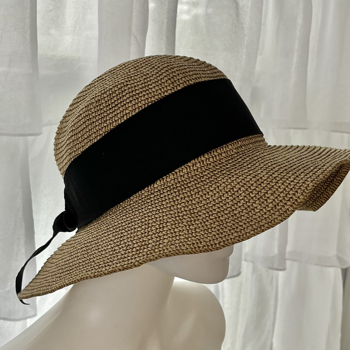 Milani Hat Straw Wide Brim Black Ribbon Bow Sun Beach Womens  display picture 2