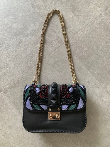 VALENTINO GARAVANI Women Beaded Embroidered Shoulder Bag Black Gold Chain