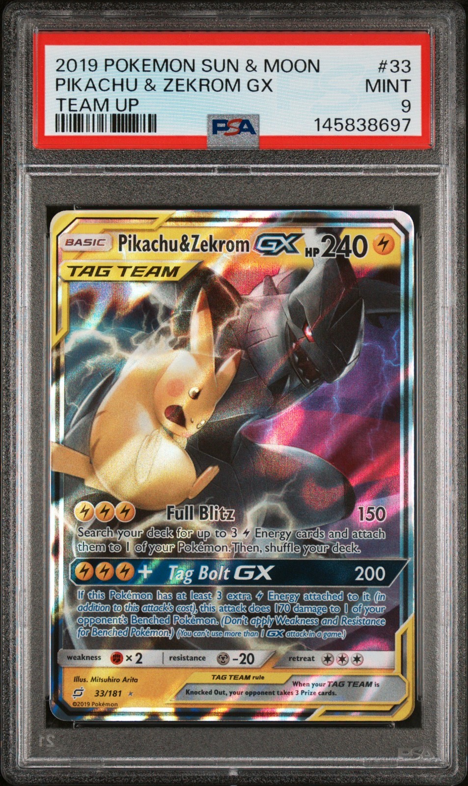 PSA 9 MINT Pikachu & Zekrom GX Tag Team 33/181 Pokemon Sun & Moon Team Up