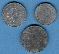 1942 Germany Third Reich. Set 3 zinc coins: 1, 5, 10 Reichspfennig SWASTIKA 454