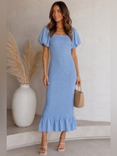 Baltic Born Alana Smocked Midi Dress Women  s Sz M NWT Baby Blue Puff Sleeves