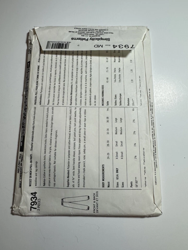 Simplicity Sewing Pattern 7934 Misses Or Men’s Pull-On Pants UNCUT Size M 32-34 - Image 2 of 4