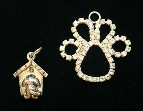 Lot 2 Necklace Pendant Puppy Dog Charms Silver Tone Rhinestone Butt Doghouse Paw - Picture 2 of 12