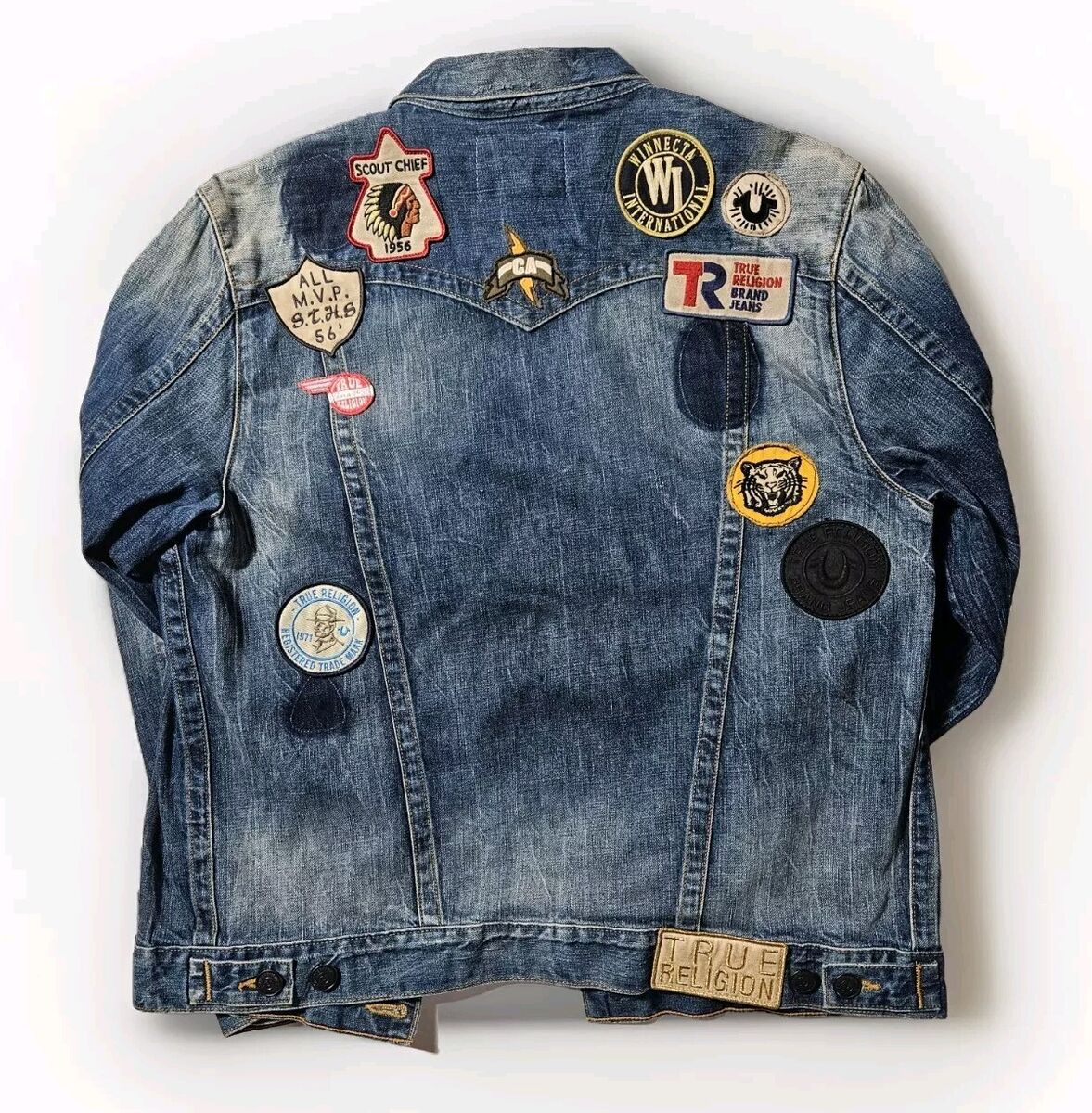 True Religion Men's Faded Distressed Patches Denim Trucker True Religion Men's Faded Distressed Patches Denim Trucker