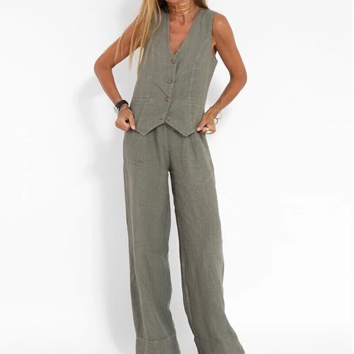 Women's suit jacket vest/top+pants new patchwork cotton linen casual set - Bild 27 von 34