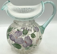 Fenton White Opalescent Ribbed Aquamarine Blue Handle Hand Painted Signed