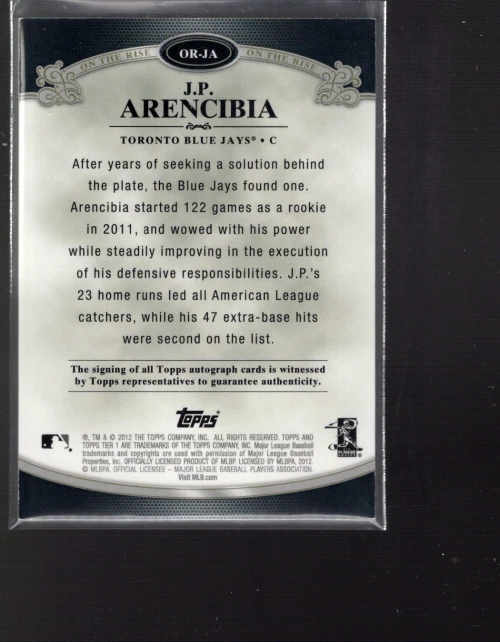 B3935- 2012 Topps Tier One On Rise Autographs Silver Ink #JA J.P. Arencibia/10 - Image 2 of 2