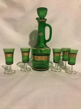 Green Glass Decanter Set Carafe  5 Shot Glasses Gold Trim. Made In Italy