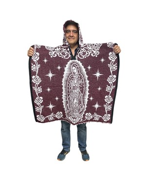 MEXICAN PONCHO WITH HOOD , VIRGEN DE GUADALUPE , BLANKET , ONE SIZE , BURGUNDY