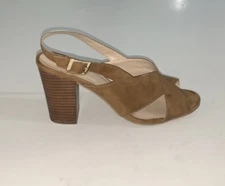 Nine West 8.5M Block Heel Sandals Alba Tan Taupe Faux Suede Slingback