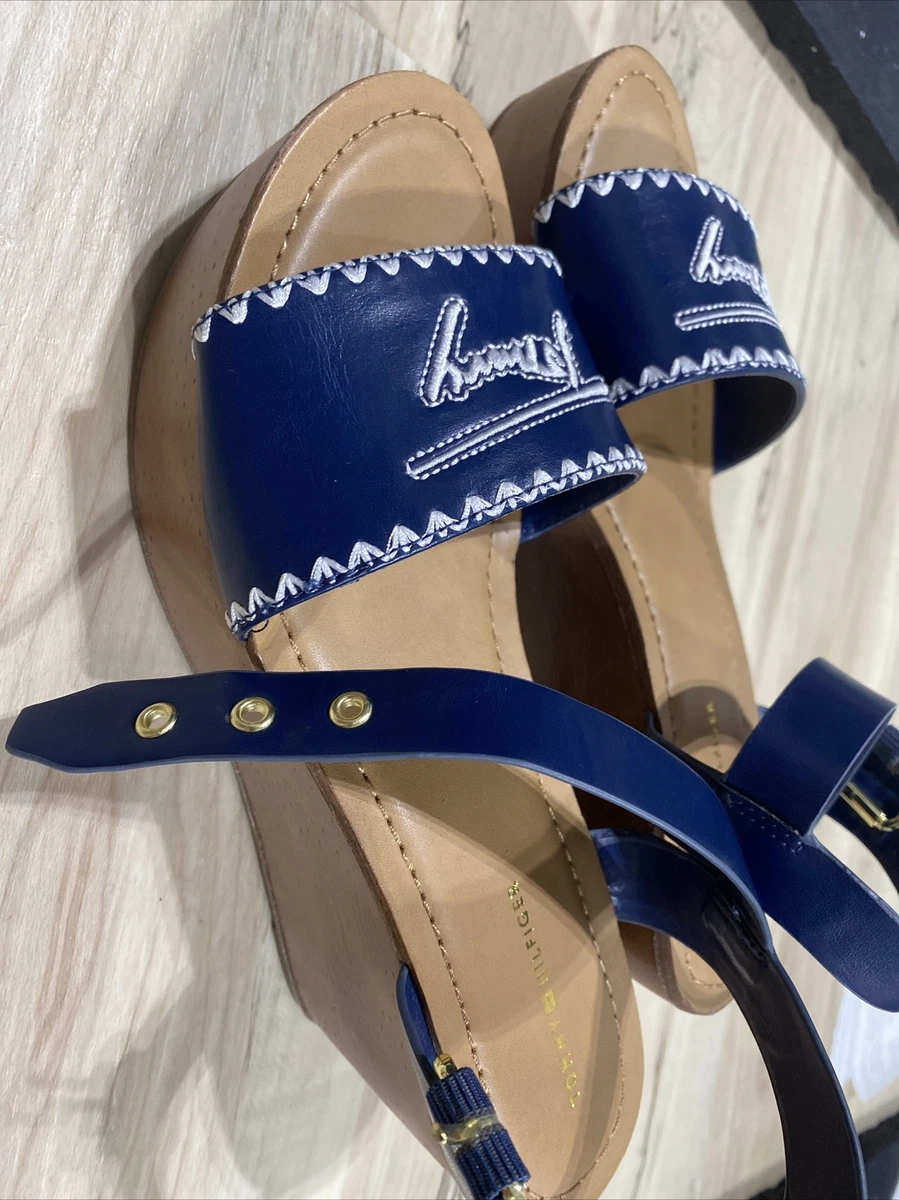 Tommy Hilfiger - Walalei Wedge Sandals Navy Blue White Embroidered 7.5 | eBay