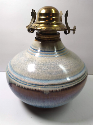 #ad #ad Vintage Signed Bill Campbell Studio Pottery Oil Lamp Base – Blue Drip Glaze Art $149.00