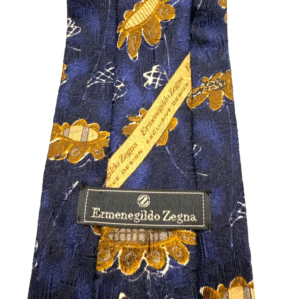 Corbata de diseñador Ermenegildo Zegna azul dorado geométrica 100 % seda hecha en Italia Foto 3 de 4