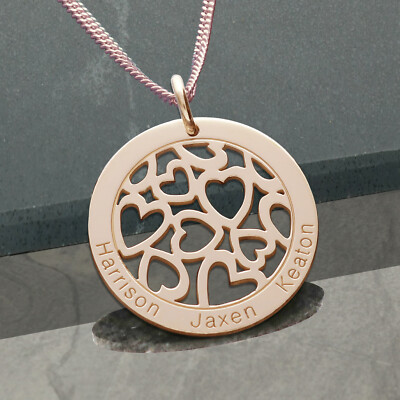 9ct Rose Gold Personalised Hearts in Disc Engraved Family Pendant Chain Option