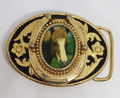 Vintage Gold tone belt buckle with Horse Head bust picture  display picture 2