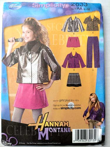 Patron De Couture Simplicity 2833 Hannah Montana - Jupe, Pantalon, Veste, Tailles 8 1/2 à 16 1/2, Neuf