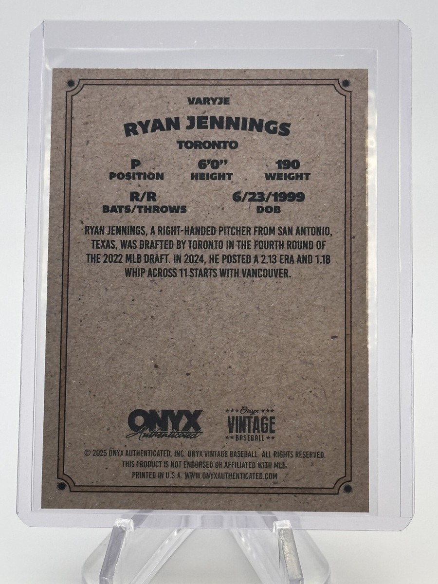 RYAN JENNINGS 2025 ONYX VINTAGE ON CARD AUTOGRAPH BLUE JAYS