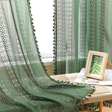 Dark Green Farmhouse Boho Curtains 96 Inches Long, 2 Panels, W60 x L96 Inch, Geo