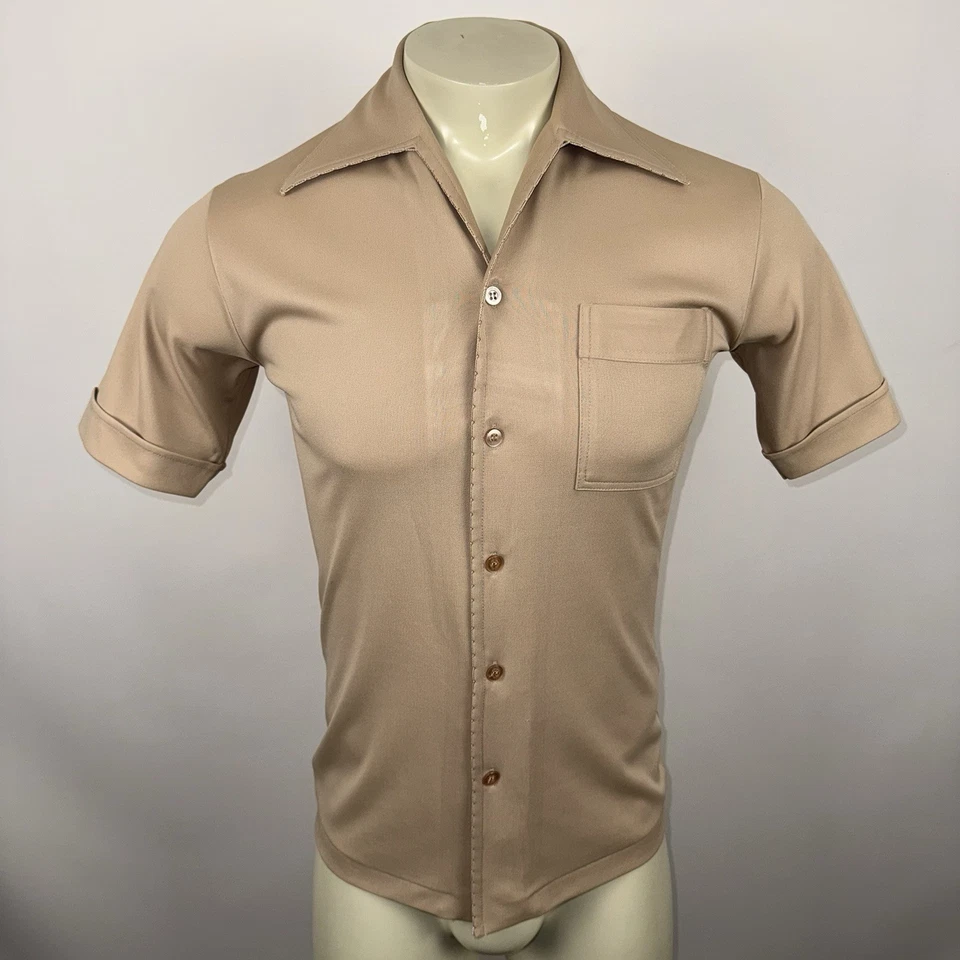 Vintage Joel Shirt Mens Stretch Knit Tan Polyester Disco Hippy MCM 60s 70s Small - Image 2 of 4