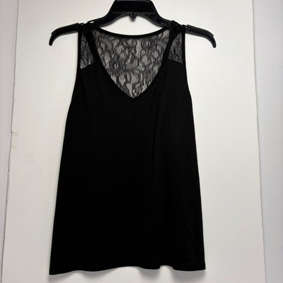 Flora by Flora Nikrooz Womens Black Ribbed Lace Back Tank Top Size Medium