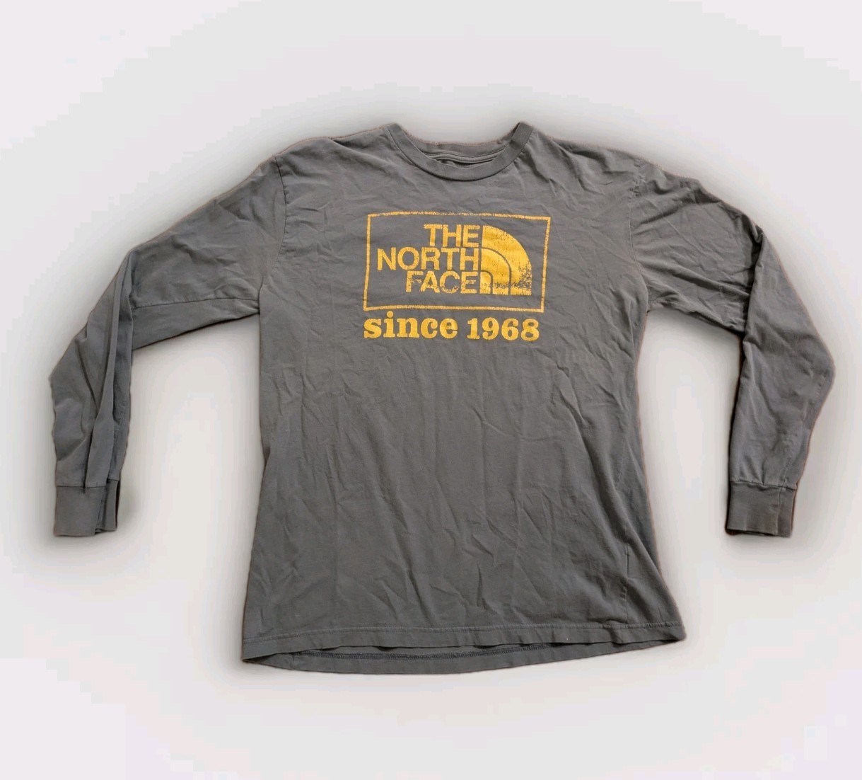 North Face Men's Medium Grey Yellow Logo Long Sleeve Shirt 1968 Vintage