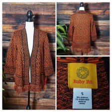 Ruby Rd. Sweater Open Cardigan Size Small Flame Black Tribal Print Fringe Womens