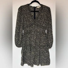 Grade & Gather Brown Floral V-neck Dress Size Small Mini Fall Zip Back EUC