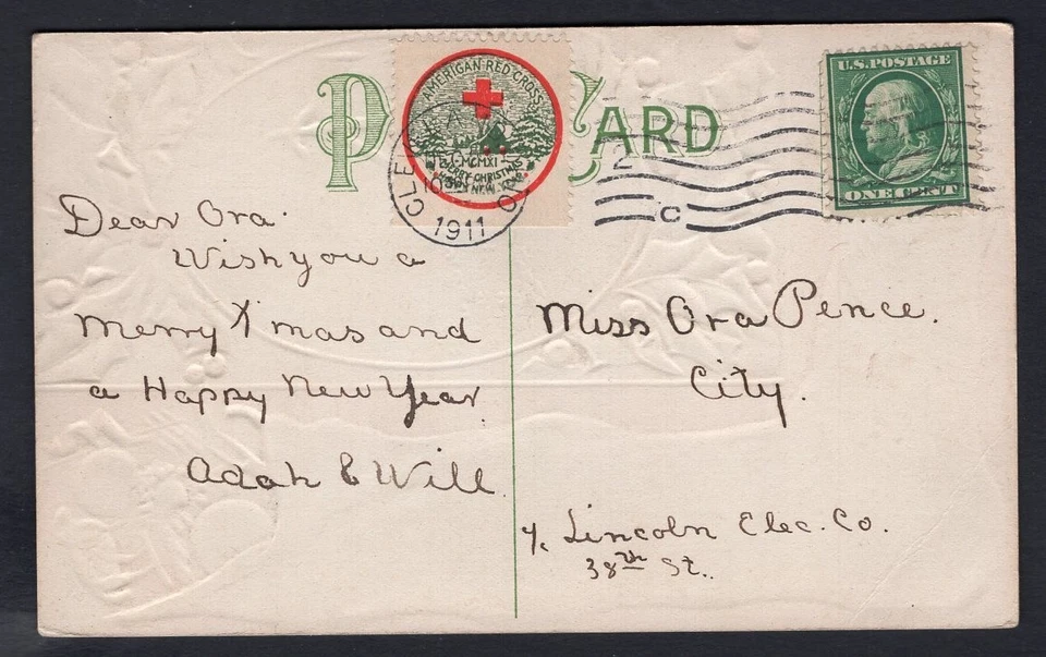 USA Cleveland 1911 Tied Red Cross Christmas Seal Cinderella on  Local Postcard - Image 2 of 3