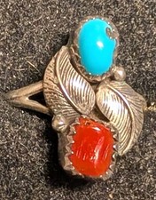 Vintage Navajo Sterling Silver Two Leaf Turquoise  Coral Woman's Ring size 5.5