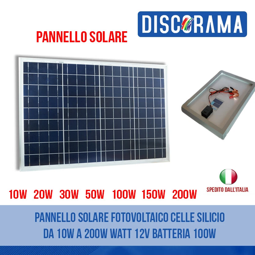 PANNELLO SOLARE FOTOVOLTAICO CELLE SILICIO DA 10W A 200W WATT 12V BATTERIA 100W  - Immagine 2 di 2
