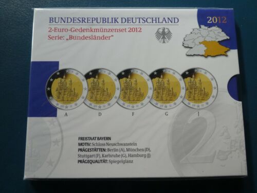 Alemania, 5 x 2 euros, 2012, Neuschwanstein A.D, F, G, J, brillo espejo. - Imagen 1 de 2