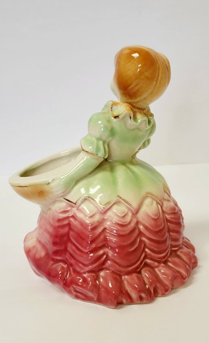 Vtg Lady with Bowl Planter Heart Lips Seniorita Ruffled Dress Green Rose 6" - Picture 6 of 12