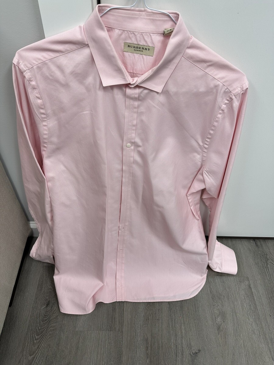 Mens Burberry Pink White Small Check Gingham Button Down Size 17 1/2-44