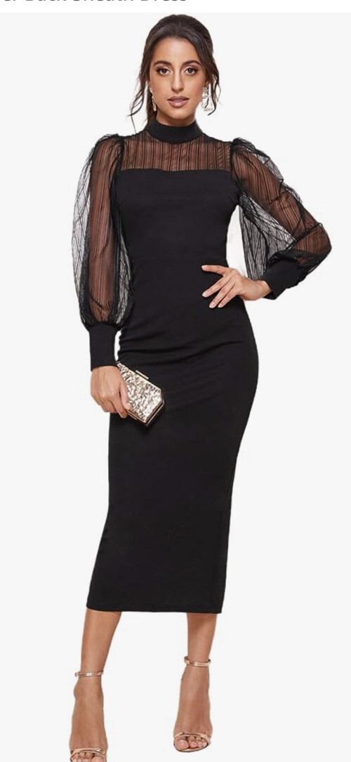 Romwe Black XL Women's Midi Sheath Dress Long Mesh Sleeve Mock Neck Formal  | eBay