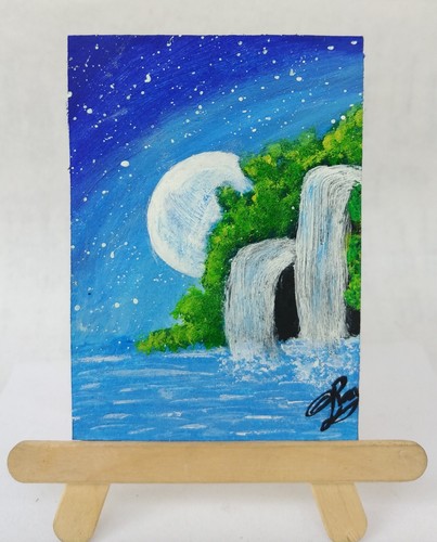 ACEO Original Acrylic Painting WATERFALL SCENERY Miniature Art Card New - Afbeelding 2 van 6