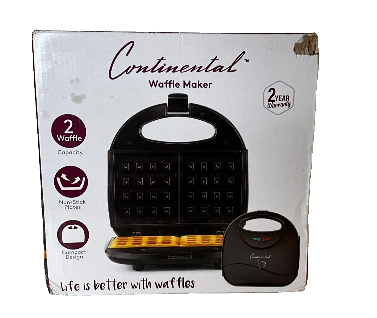 Continental Waffle Maker - Non-Stick Plates, 2 Waffle Capacity, Free Shipping