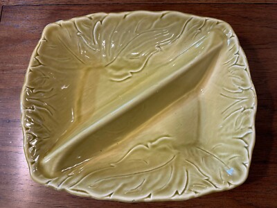 Large Ceramic Serving Dish 10x8x4 2 Section Leaf Patterned Yellow MCM
