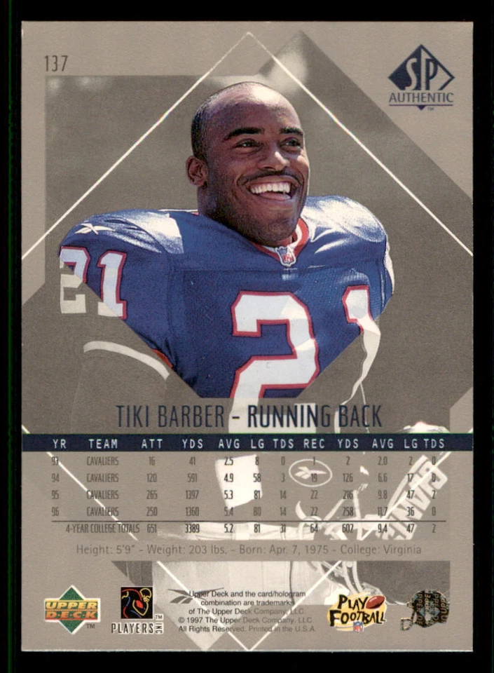 1997 SP Authentic #137 Tiki Barber RC - Image 2 of 2