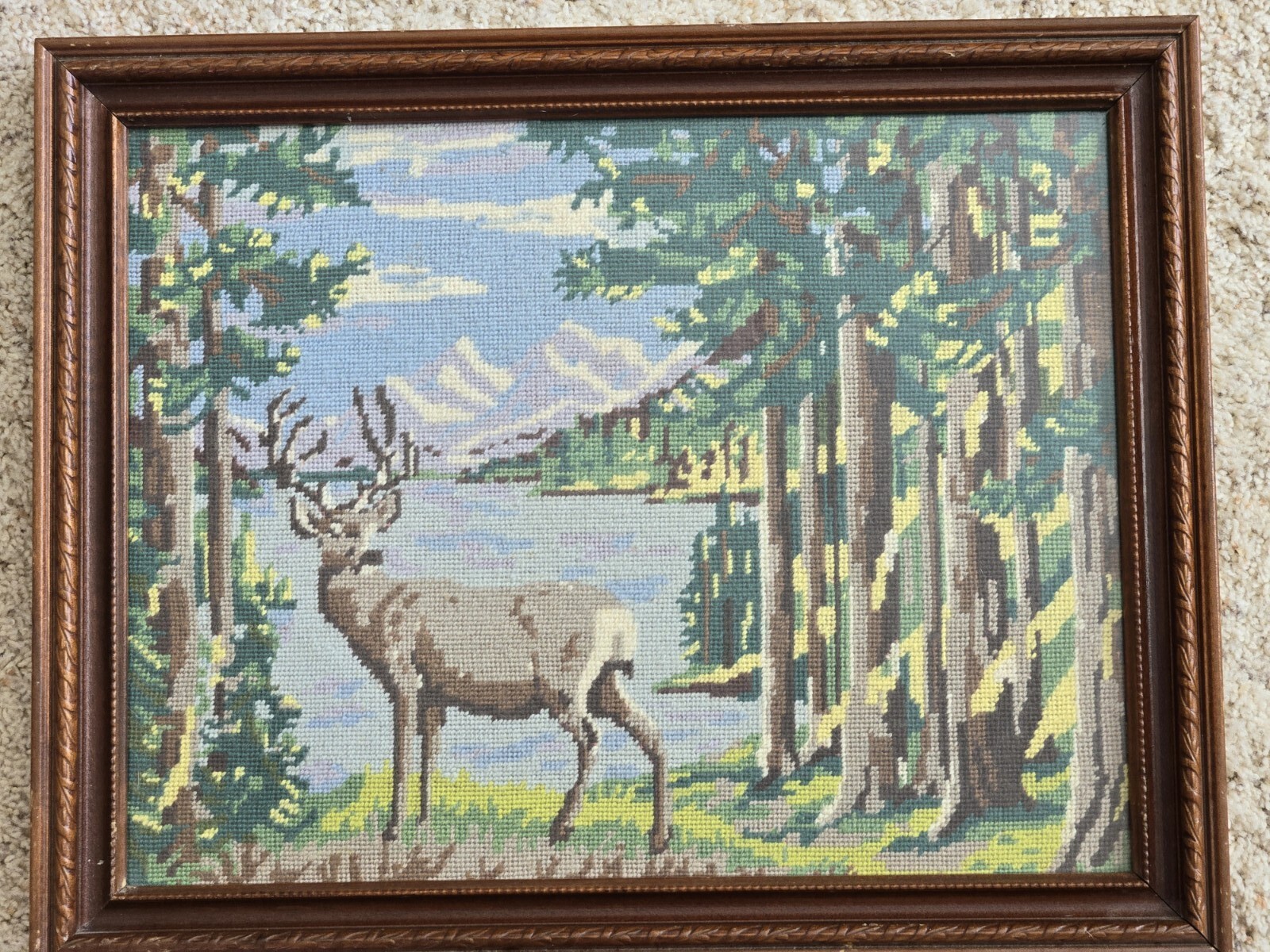 Vtg Framed Spinnerin Needlepoint kit Deer in woods lake, mountains. 20