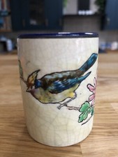 Emeaux de LONGWY  off-white spill vase made in France 6.4cm high bird & flowers
