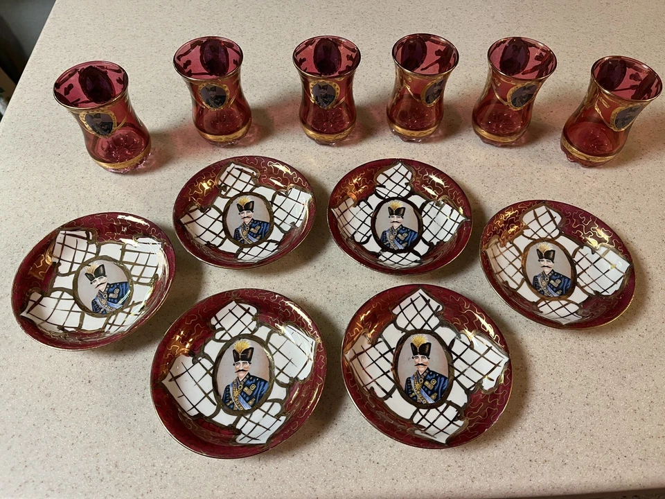 6 Antique Gold Gilded Cranberry Glasses & Saucers Naser al-Din Shah of Qajar - Image 2 of 4