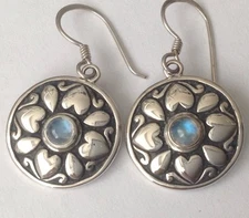 Vintage Repousse Art Nuveau Sterling Earrings, Natural Moonstone, Konder #767