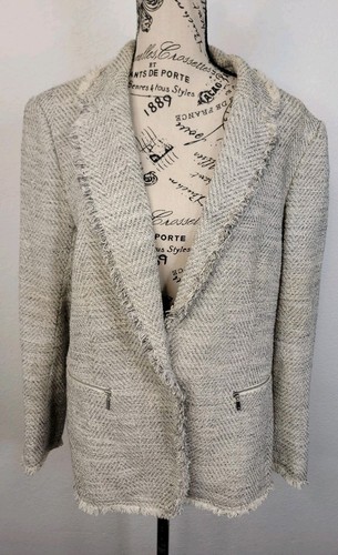 Lafayette 148 New York Single Breasted Tweed Blazer Womens SZ 10 Fringe Metallic - Picture 2 of 10
