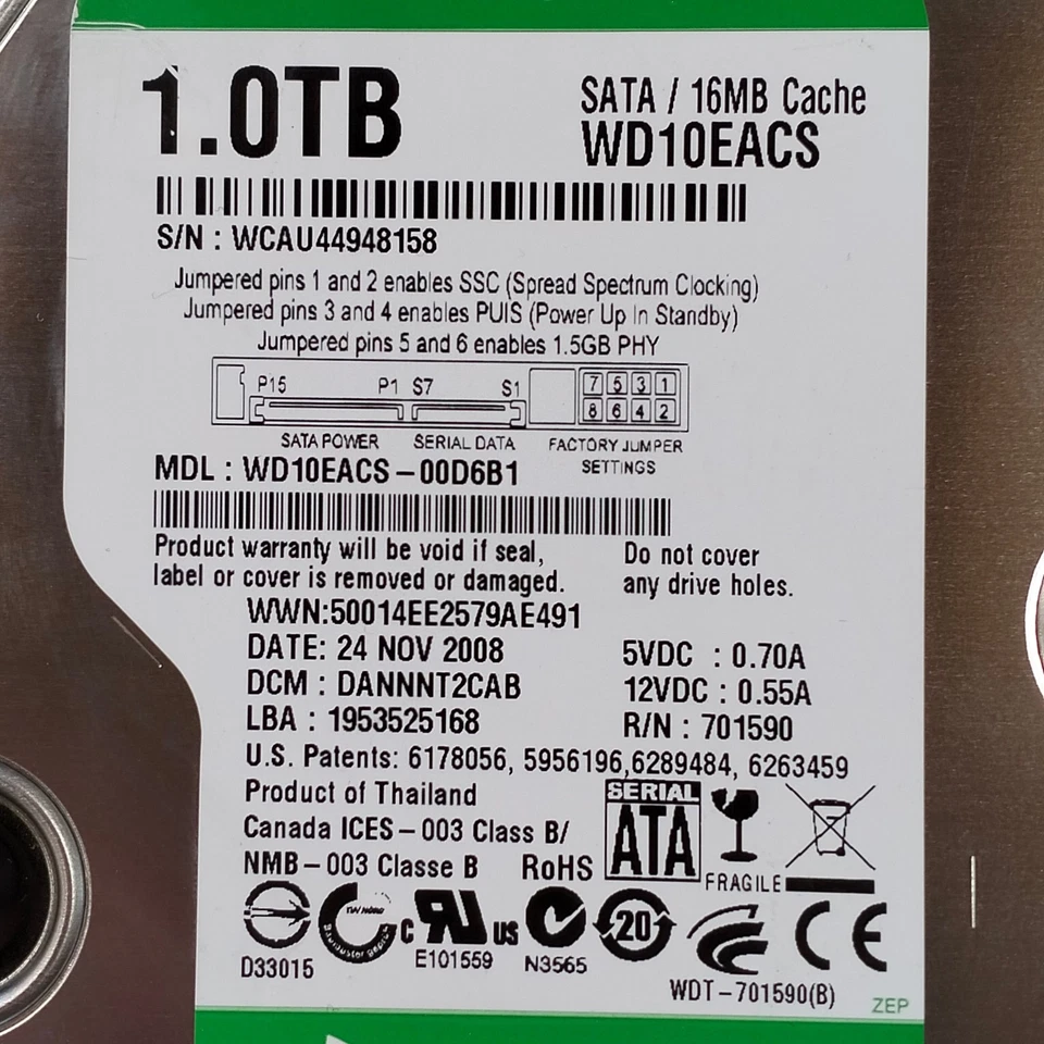 WD Caviar Green 1TB 3.5" SATA HDD 7200 RPM 3Gb/s 16MB Cache Hard Drive WD10EACS - Image 2 of 4
