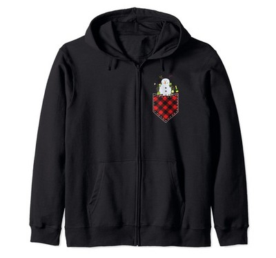 Snowman in Pocket Tee Funny Red Plaid Retro Ugly Christmas Zip Hoodie