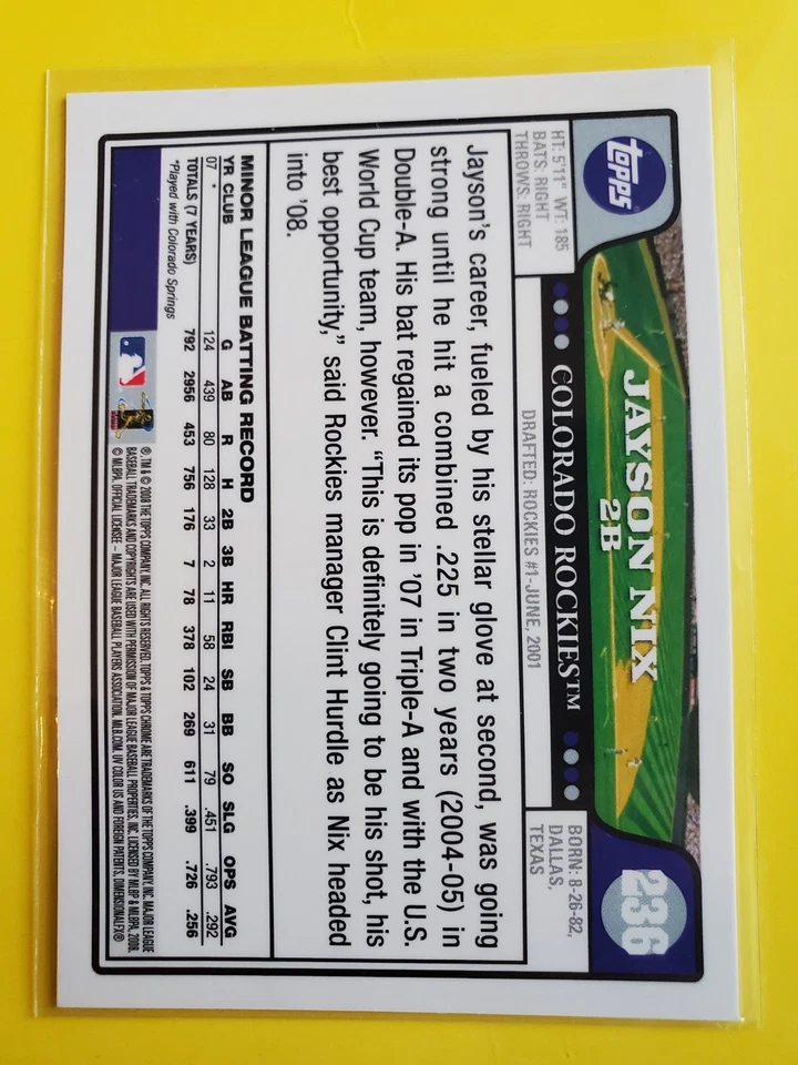 2008 Topps Chrome Autograph AUTO #236 Jayson Nix RC - Colorado Rockies - Image 2 of 2