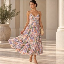 ASTR THE LABEL Blythe Dress Watercolor Floral Pleated Maxi Sz 2X $164 {G2}