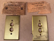 2 NOS - Vintage Perkins Push Button 1 Light Switch Brass Cover Plate Single Gang