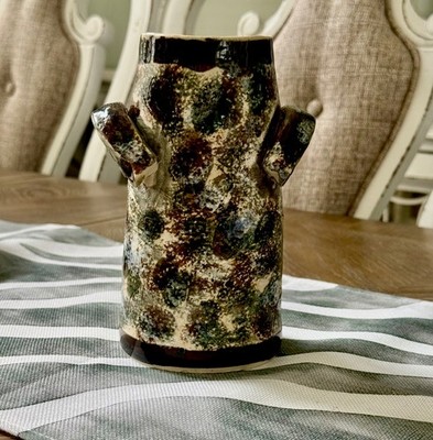 Vintage Japanese Studio Pottery 7  Stoneware Vase Lug Handles Mottled Green